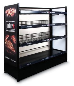 A wire rack display featuring various Webber products in a retail setting.